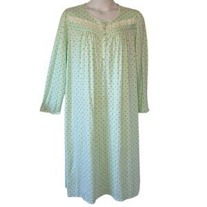 Eileen West Green Stretch Cotton Floral Nightgown White Lace at Yoke Granny XL